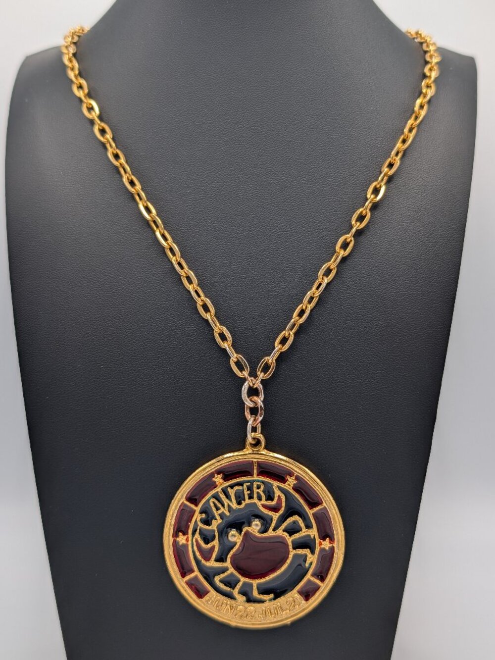 Vintage LISNER Zodiac Cancer Pendant Necklace 1970s Stained Glass Enamel Long